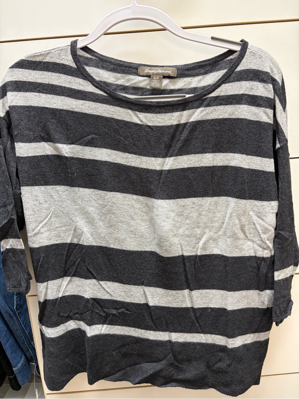 Tommy Bahama Gray and Black Striped Boatneck Long Sleeve Top